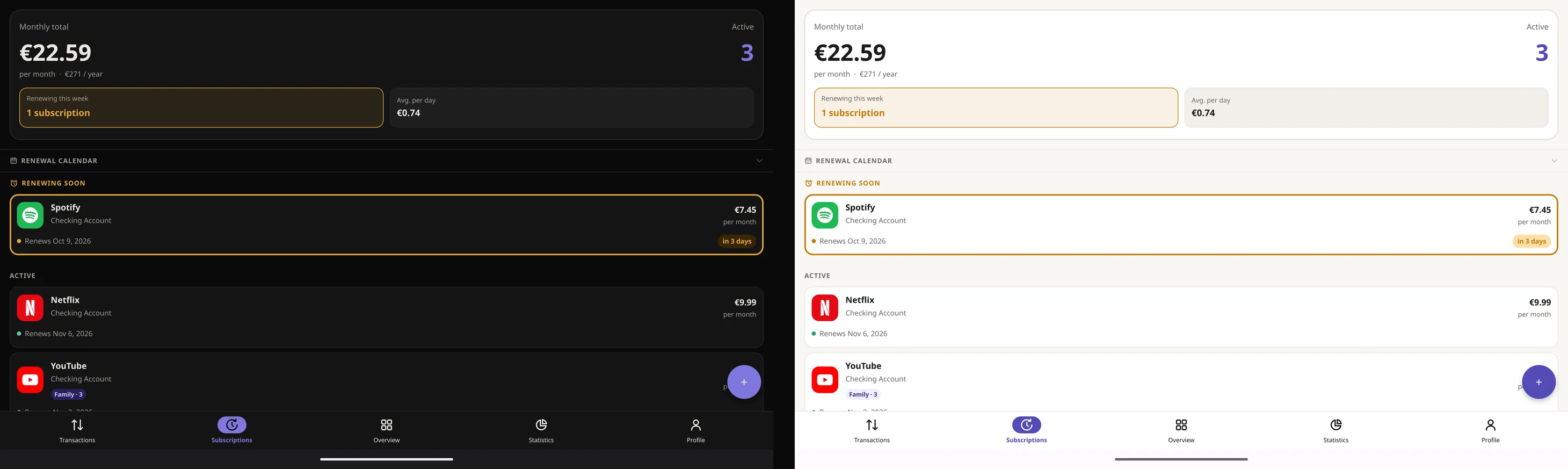 Subscriptions on a tablet with their monthly total and renewal calendar, in the dark and light themes