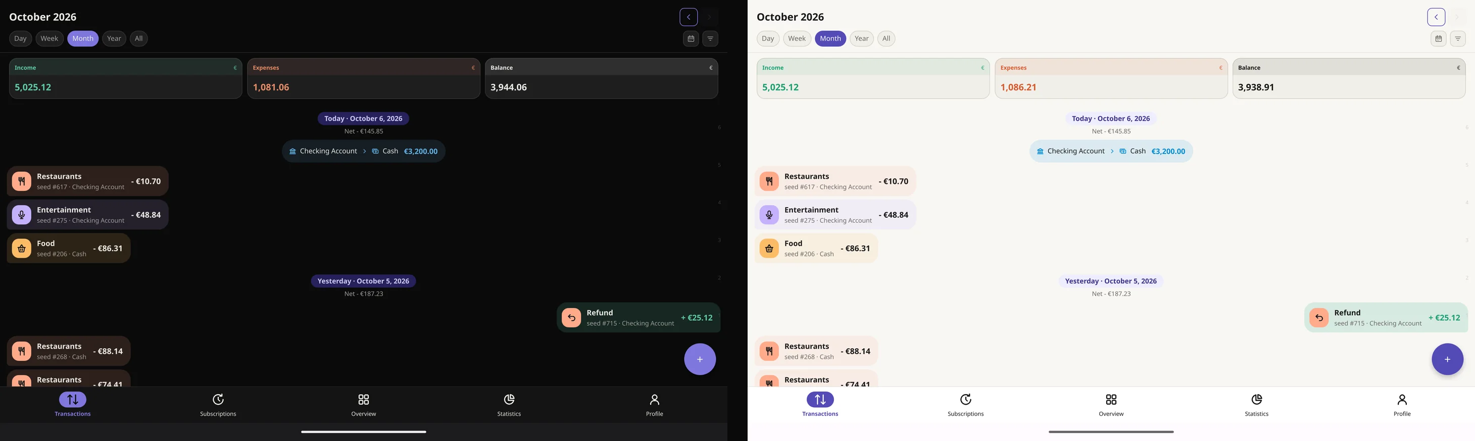 Transactions on a tablet grouped by day, in the dark and light themes