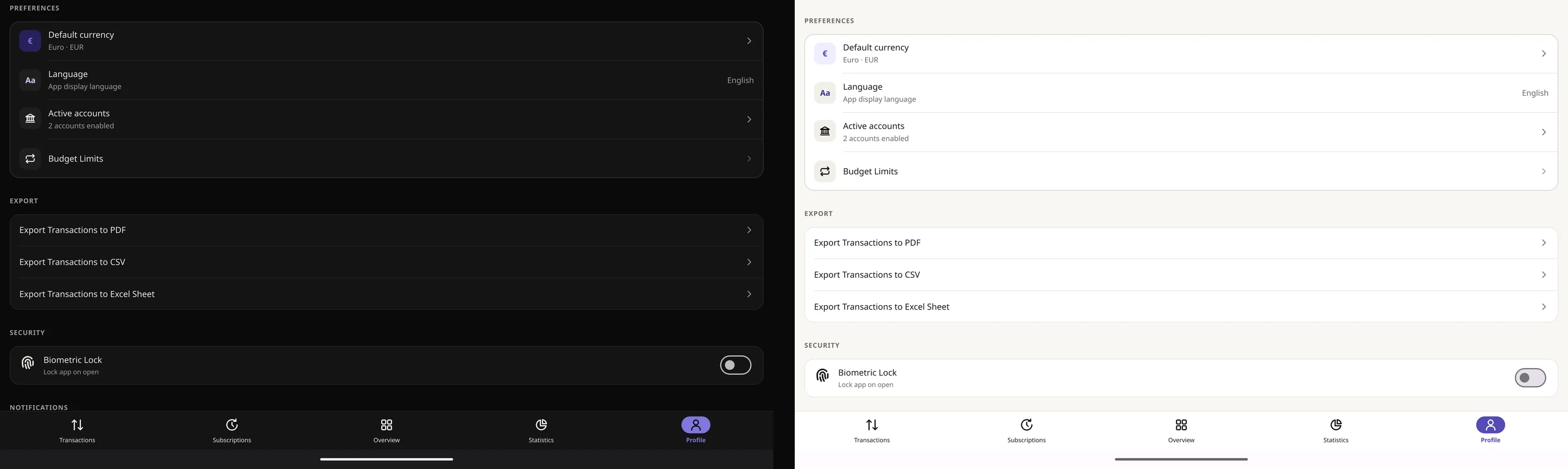 Settings on a tablet with currency, language, accounts, export and fingerprint lock, in the dark and light themes