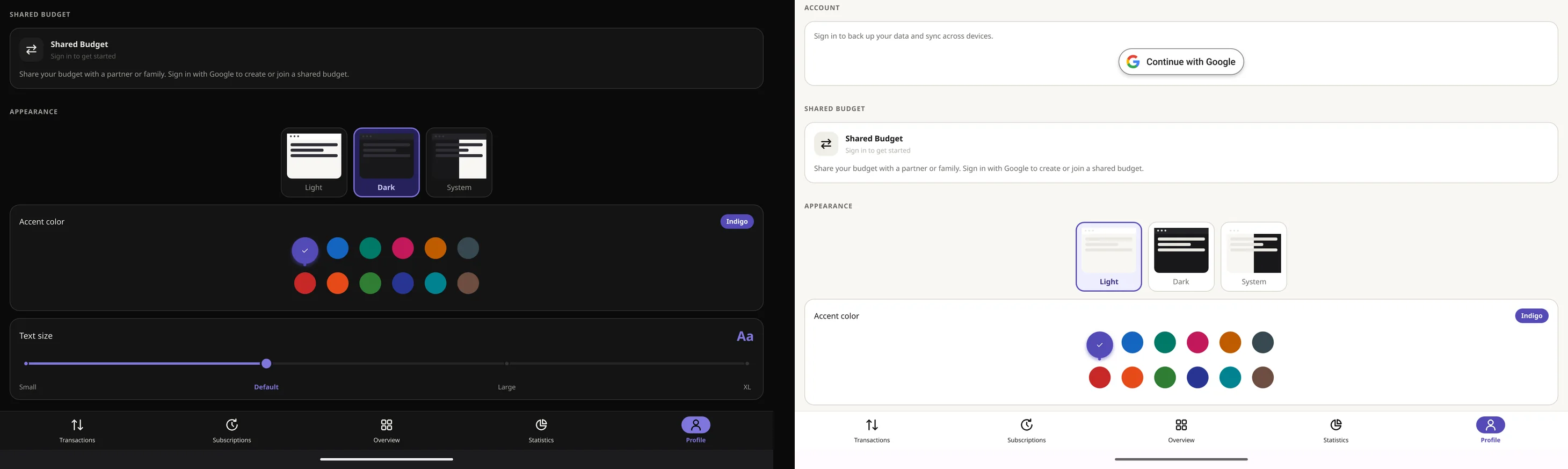 Shared budget, theme and accent colour on a tablet, in the dark and light themes