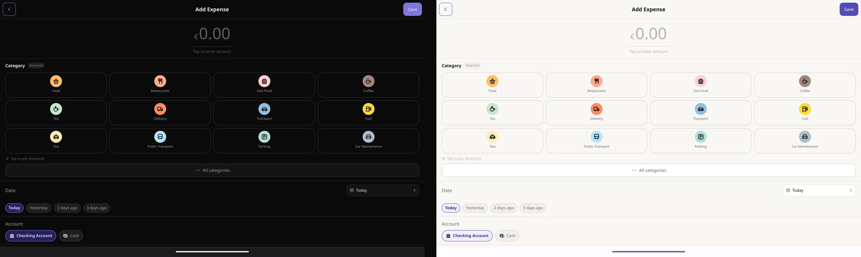 Adding an expense on a tablet with a category, date and account, in the dark and light themes