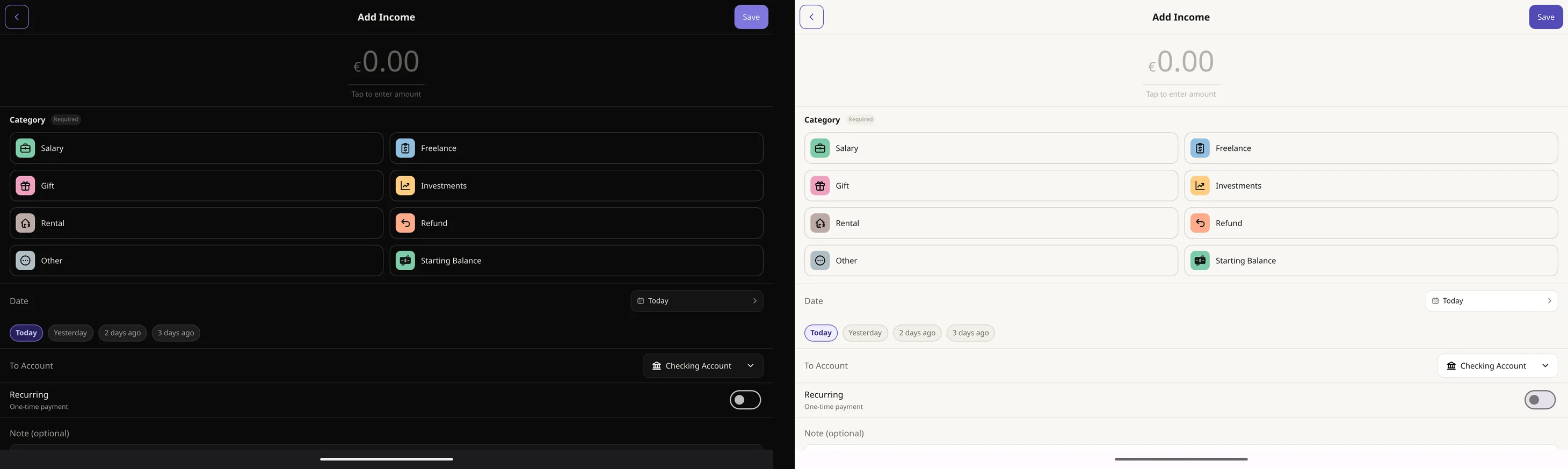 Adding income on a tablet with a category and account, in the dark and light themes