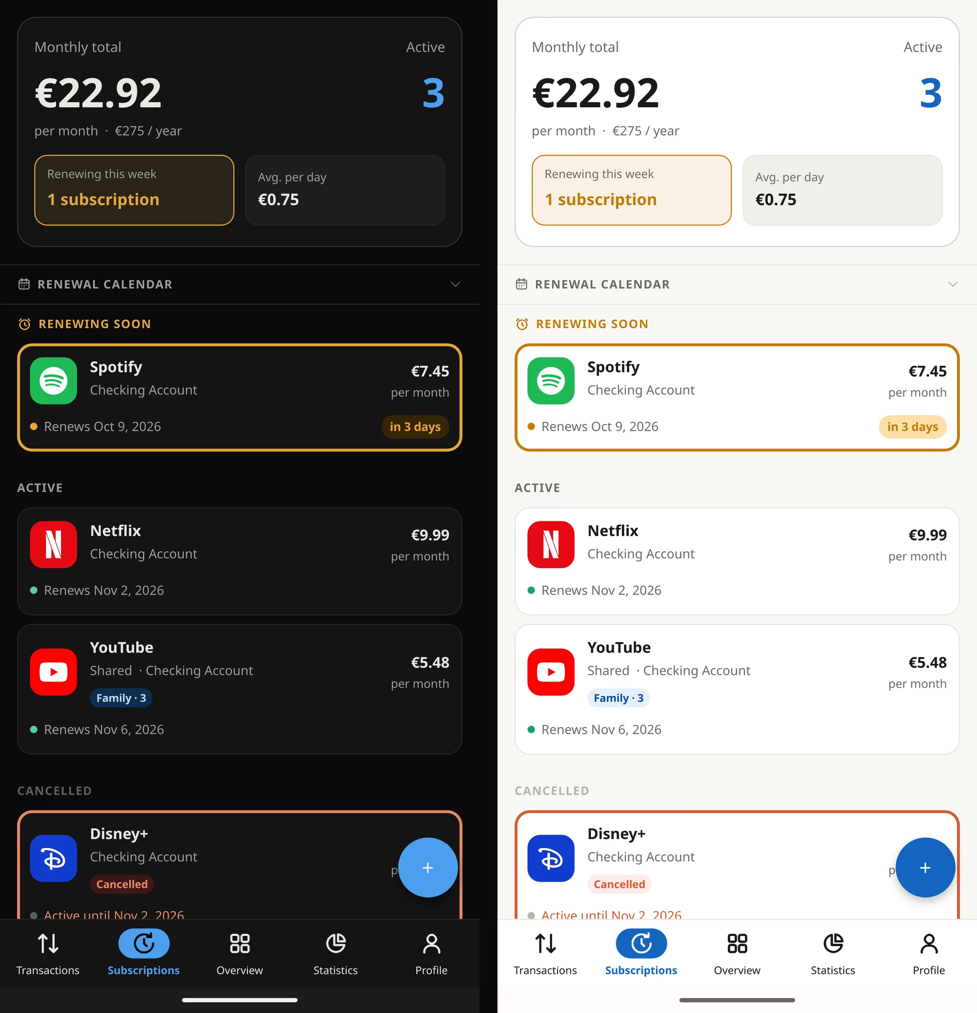 Subscriptions with their monthly total and renewal calendar, in the dark and light themes