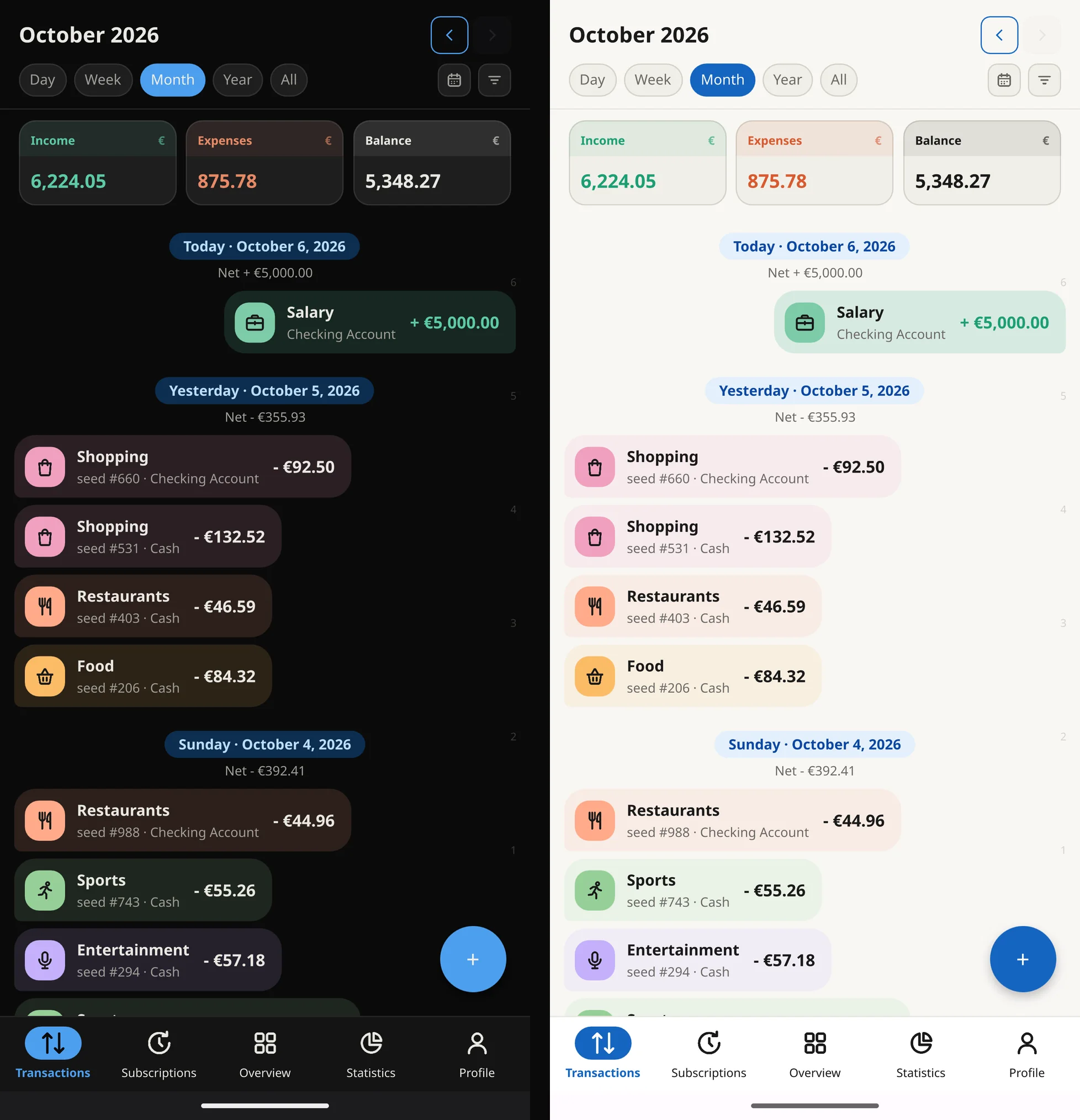 Transactions for the month grouped by day, in the dark and light themes