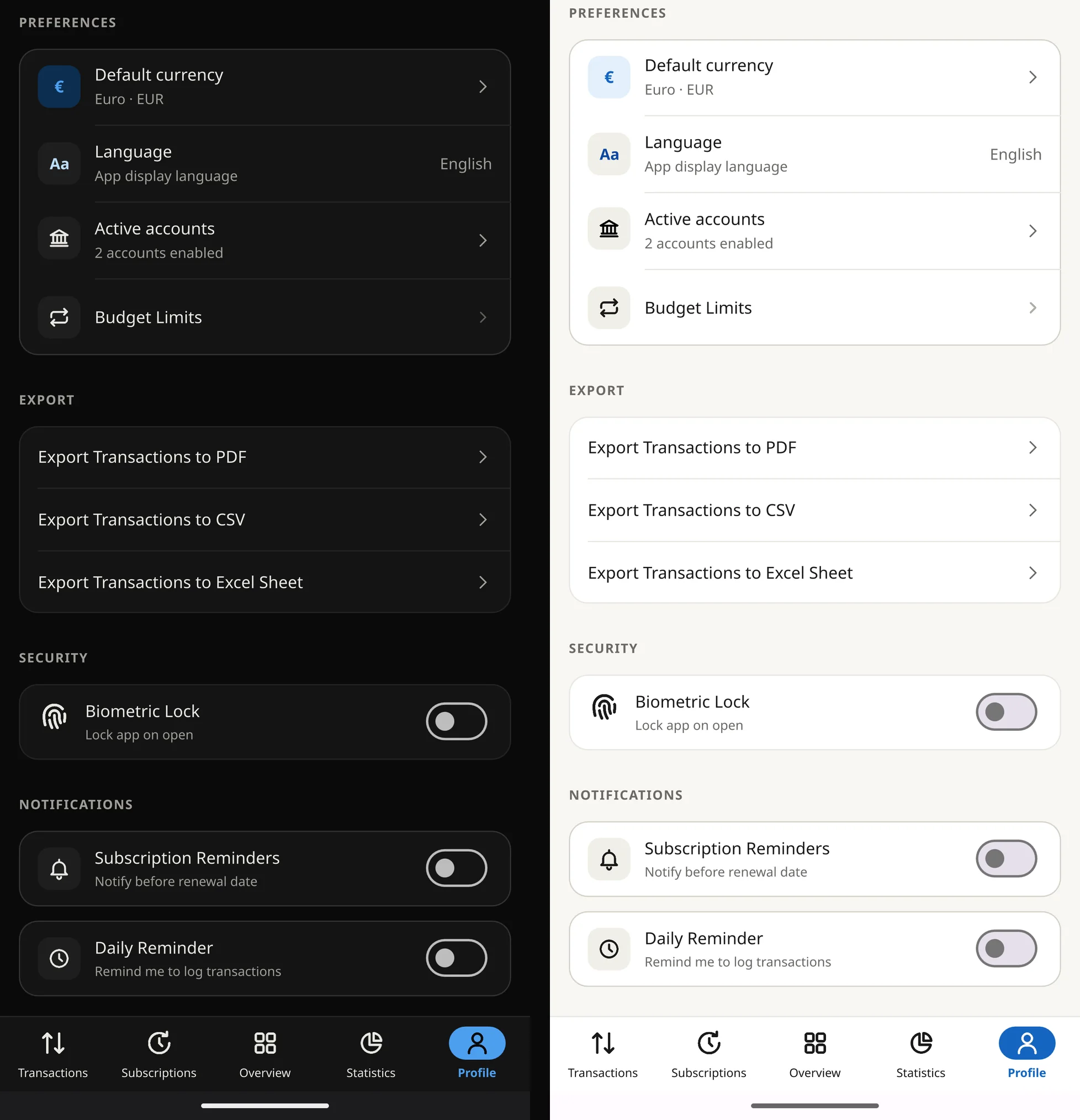 Settings with currency, language, accounts, export, fingerprint lock and reminders, in the dark and light themes