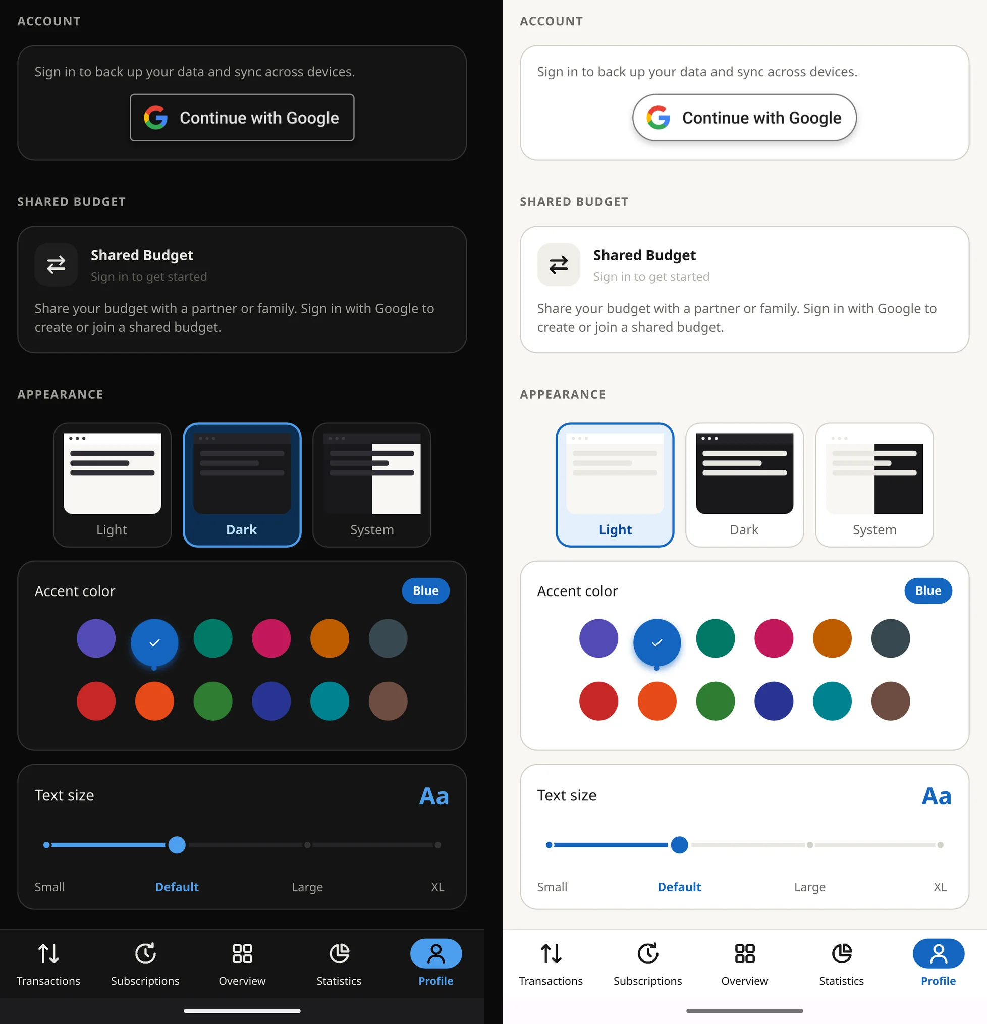Backup, shared budget, theme, accent colour and text size, in the dark and light themes