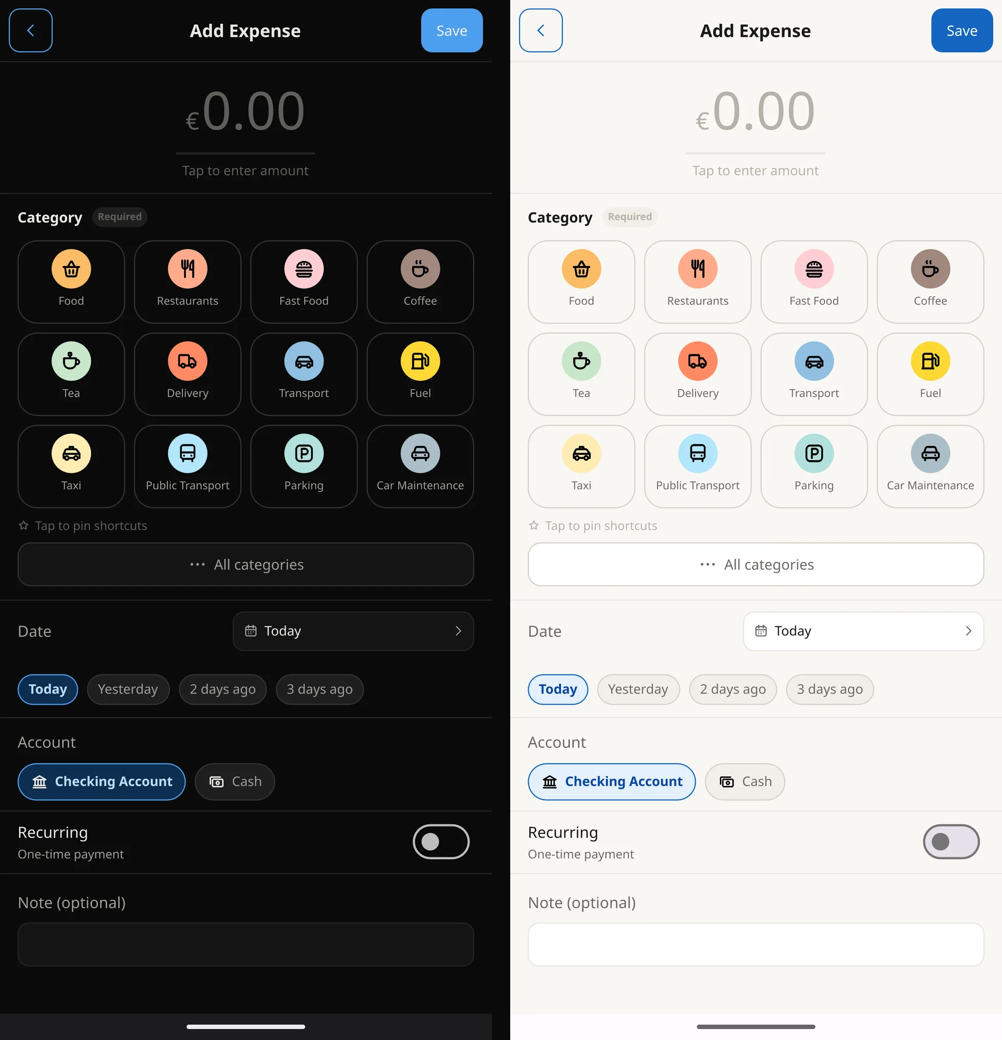 Adding an expense with a category, date and account, in the dark and light themes