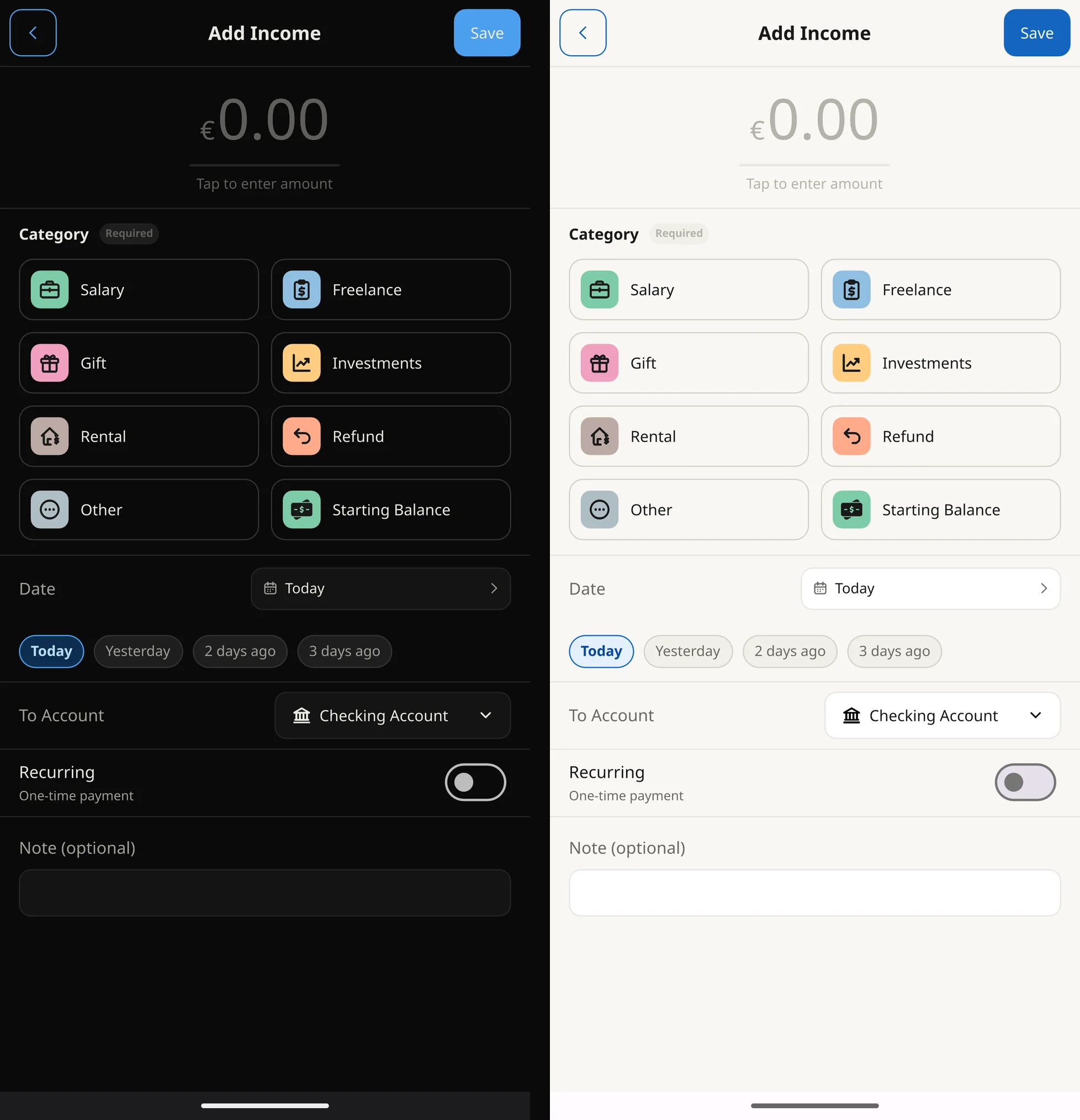 Adding income with a category and account, in the dark and light themes