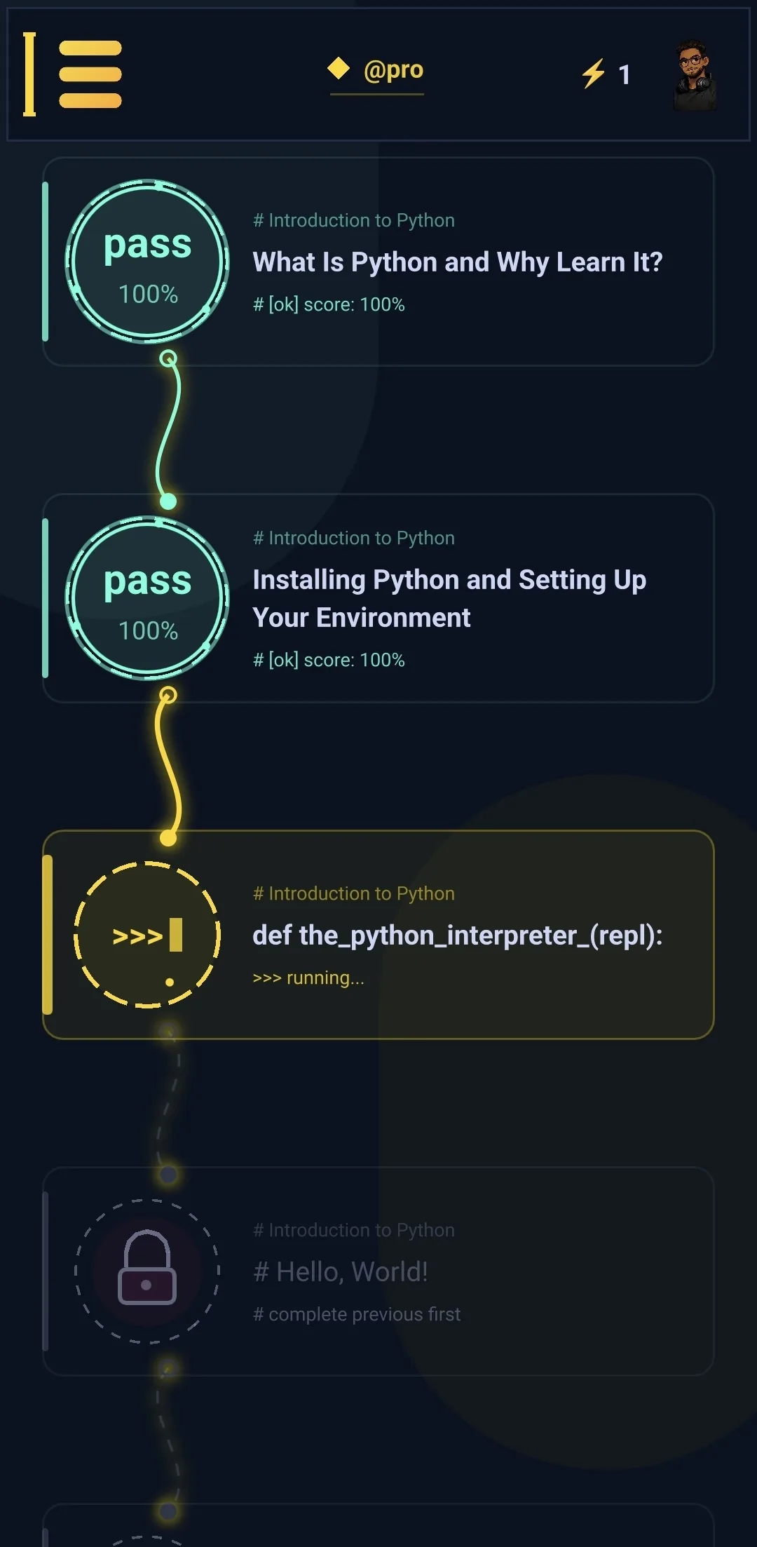 The learning path with completed Python sections