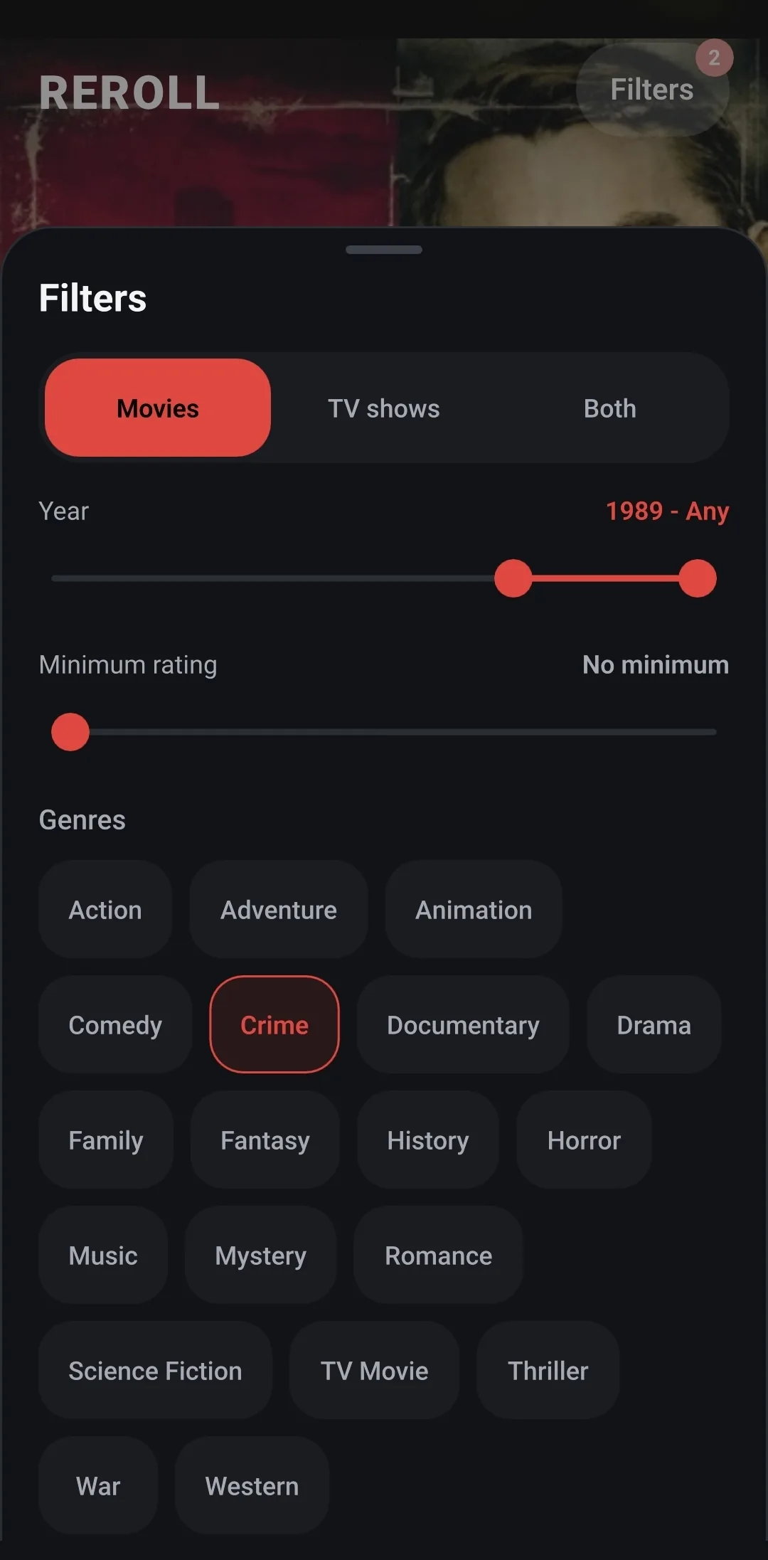 Filters for movies or shows, years, rating and genres