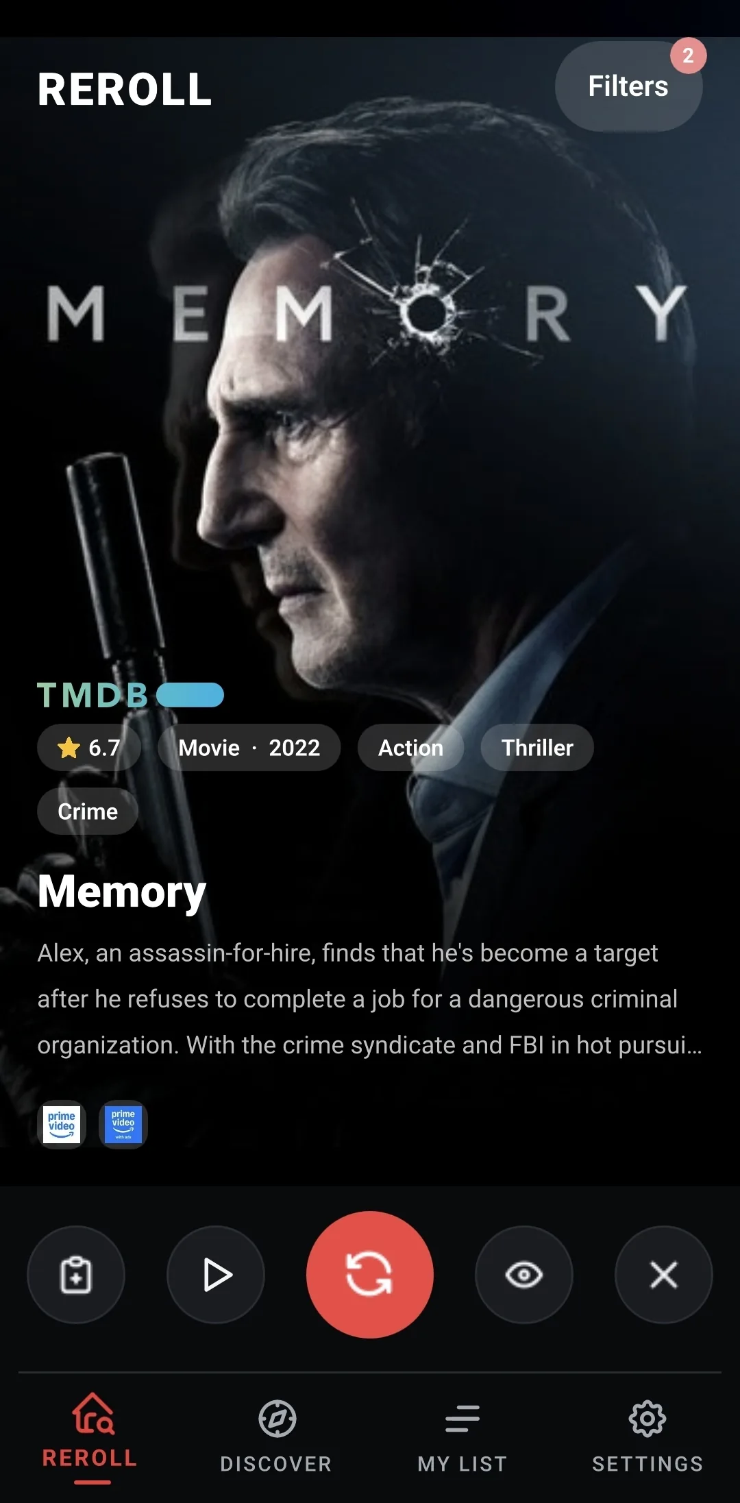 Reroll suggesting Memory, with its rating, genres, story and streaming services