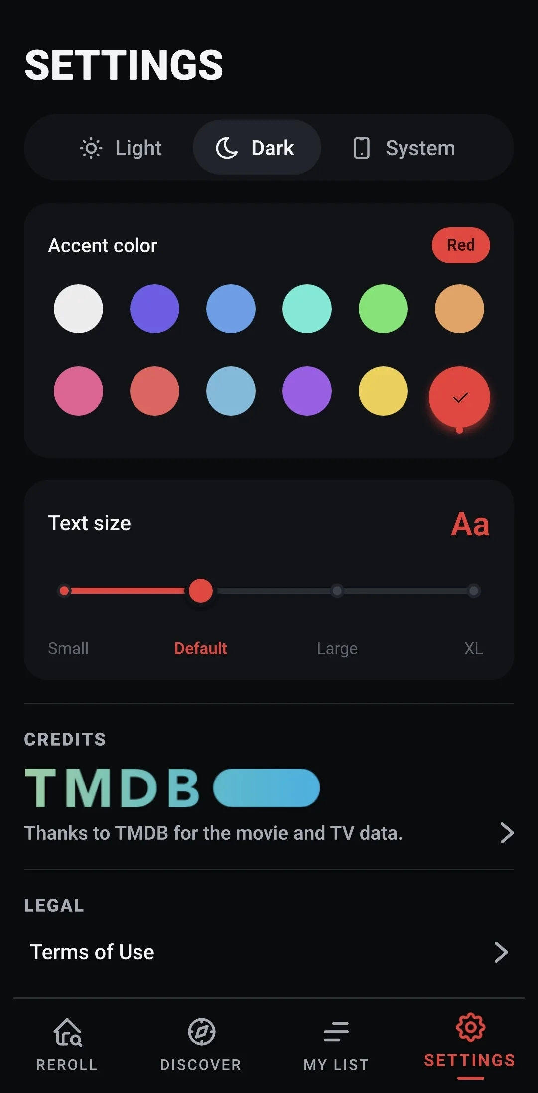 Settings with theme, accent colour and text size