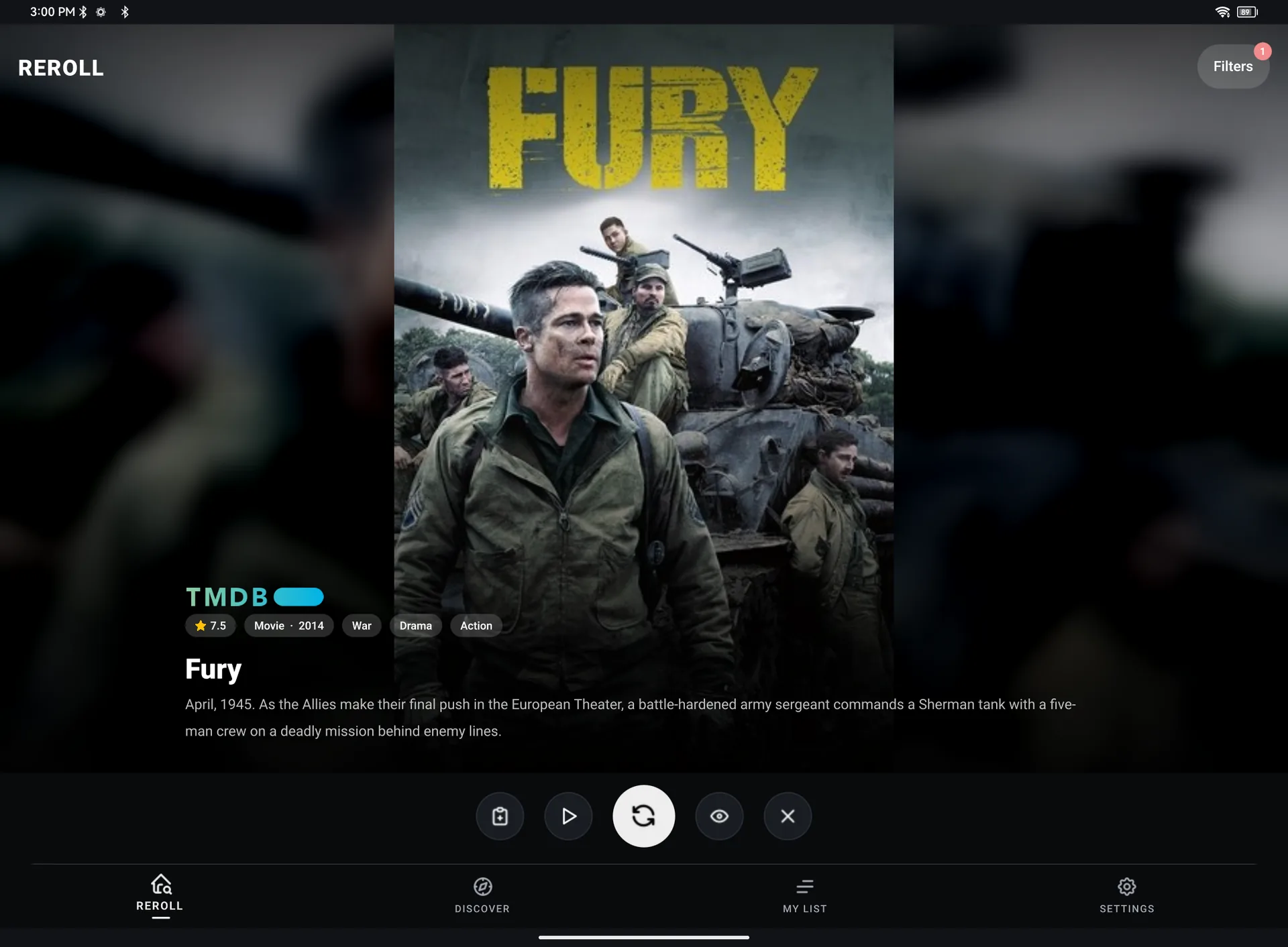 A single suggestion on a tablet with the reroll button