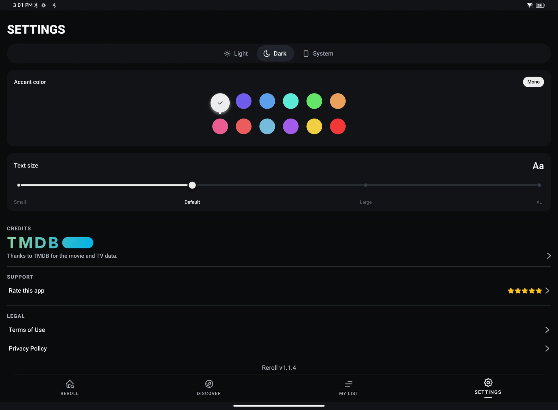 Settings on a tablet with theme, accent colour and text size